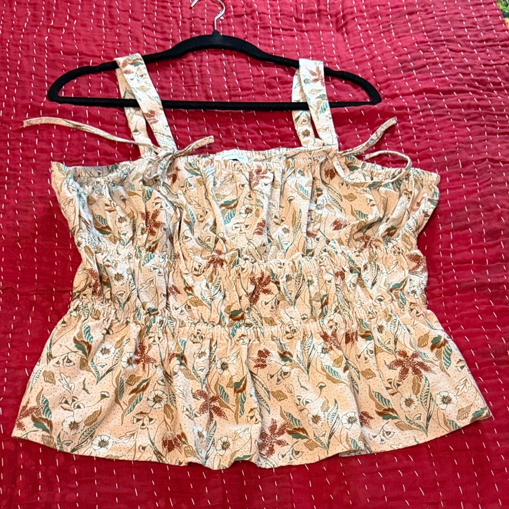 Universal Thread Cream Floral Smocked Tank with Green and Brown Leaves
